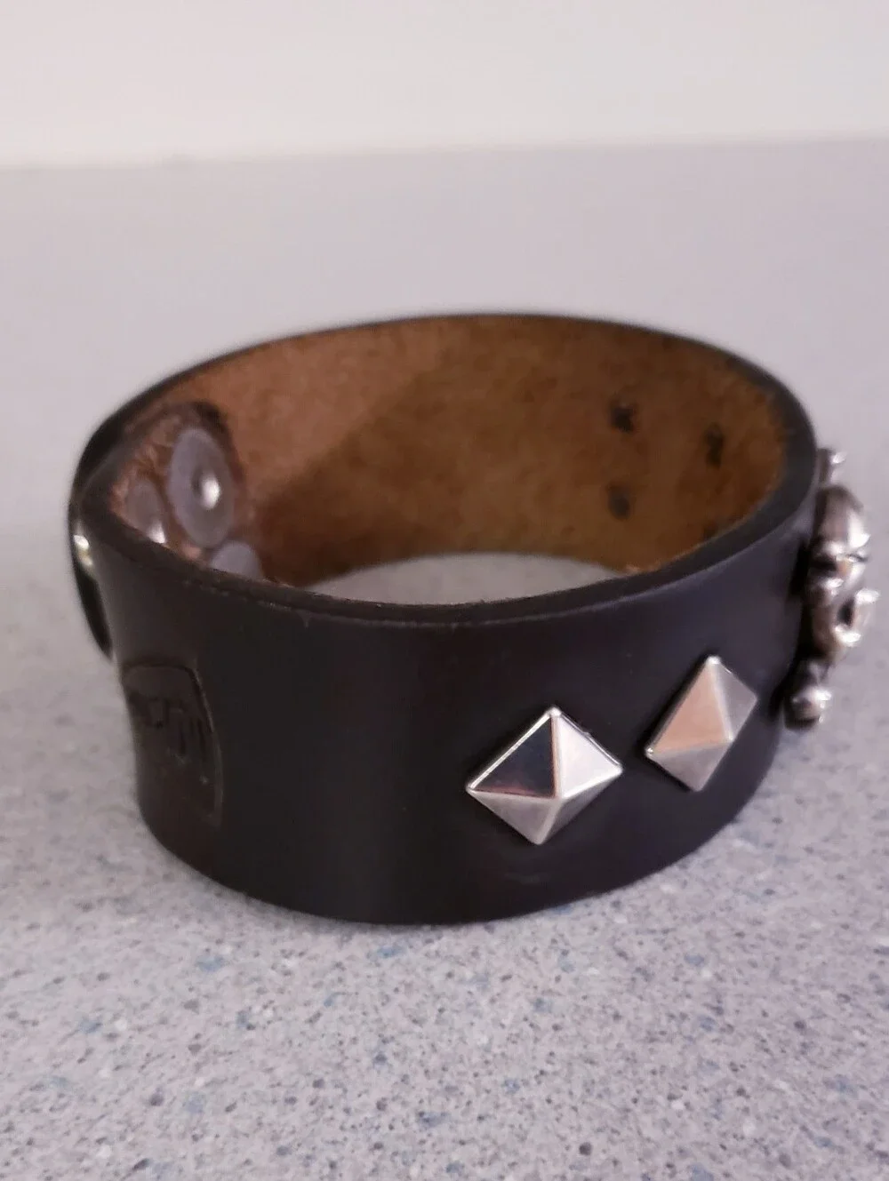 Sterling Skull Leather Wrist Cuff Bracelet